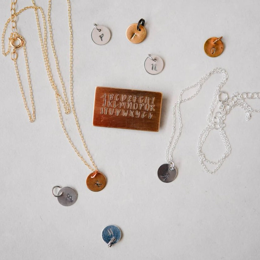 Hand Stamped Alphabet Charm Necklace Charm + Pendant Necklaces Bella Vita Jewelry   