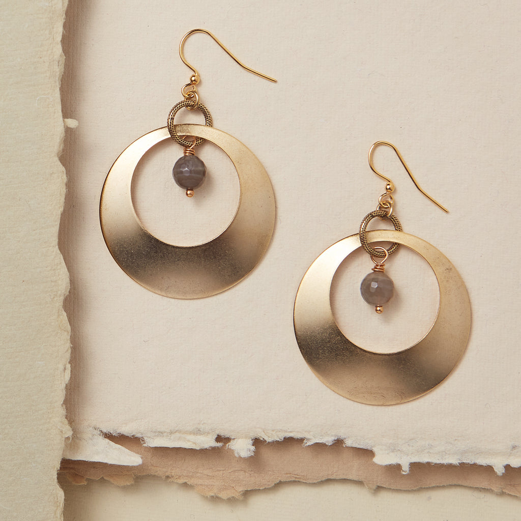 Athena Hoop with Gemstone Dangle Earrings Bella Vita Jewelry Gray Moonstone - Gold Plated  