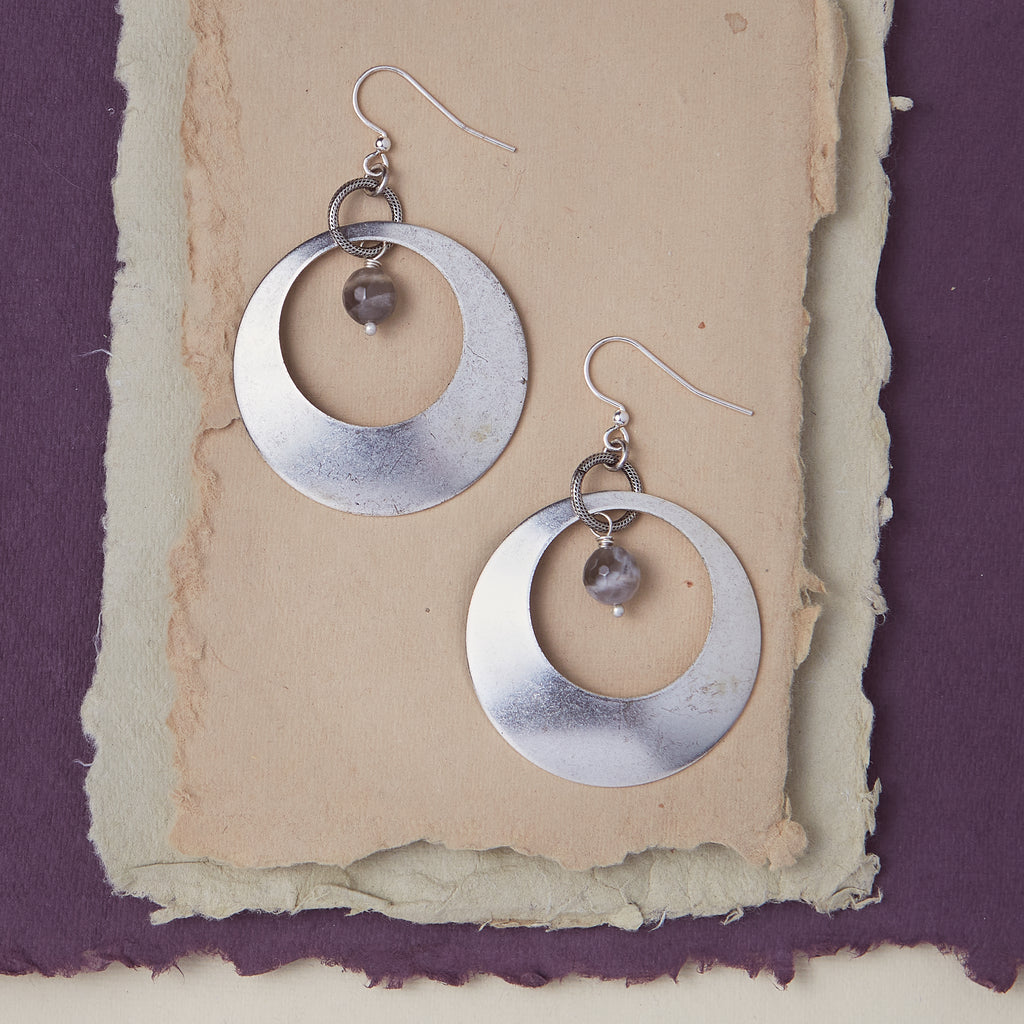 Athena Hoop with Gemstone Dangle Earrings Bella Vita Jewelry Gray Moonstone - Silver Plated  