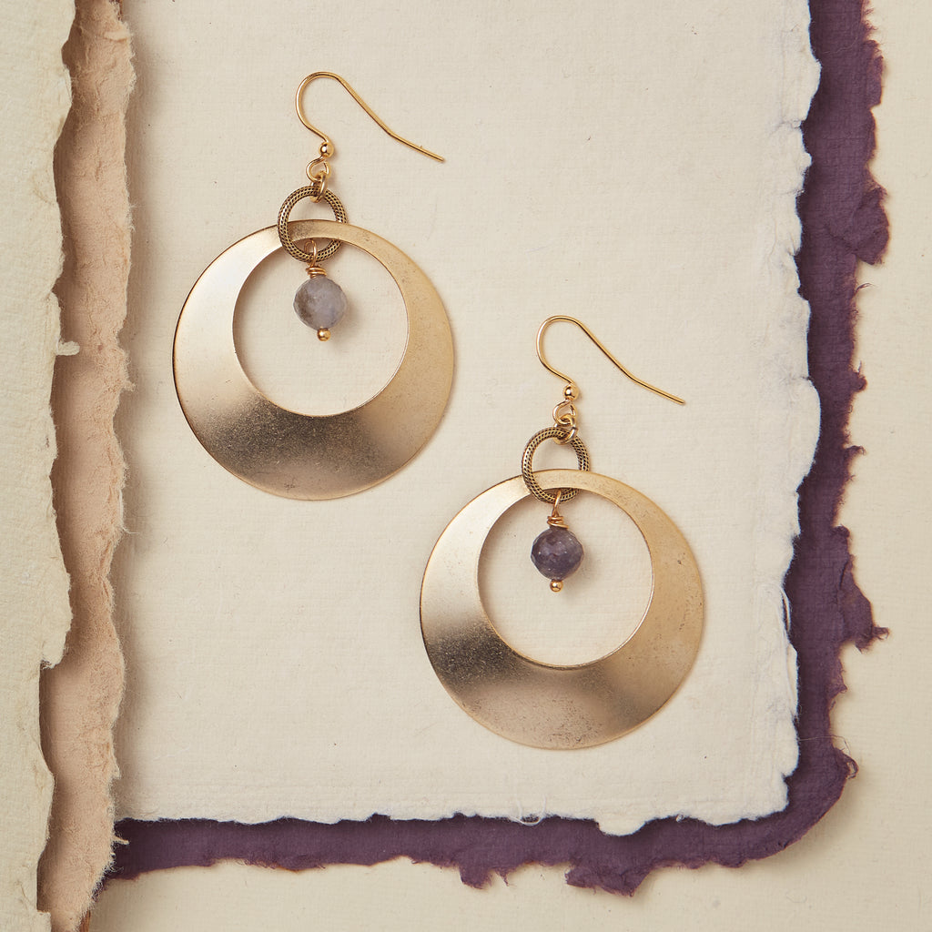 Athena Hoop with Gemstone Dangle Earrings Bella Vita Jewelry Iolite - Gold Plated  