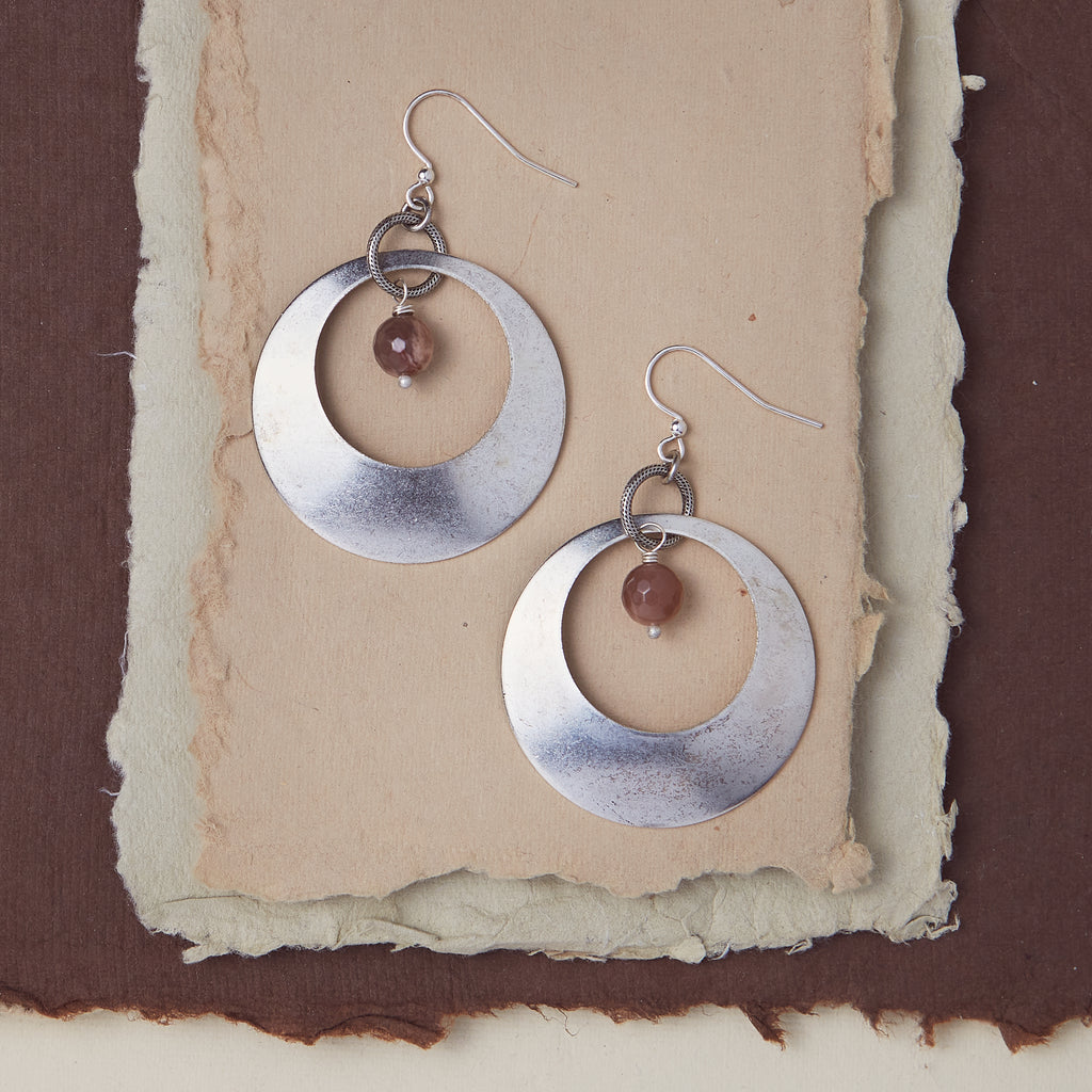 Athena Hoop with Gemstone Dangle Earrings Bella Vita Jewelry Peach Moonstone - Silver Plated  