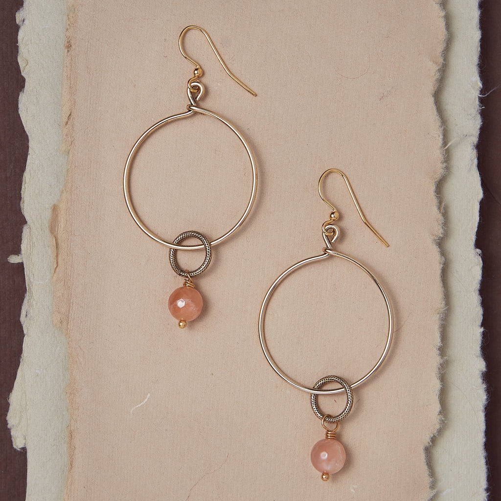 Pluto Small Hoop with Gemstone Hoop Earrings Bella Vita Jewelry Peach Moonstone Gold Plated  