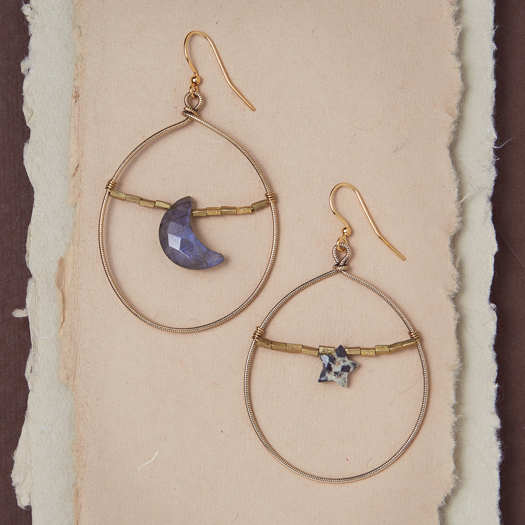 Gemstone Moon & Star Earrings - Labradorite Dangle Earrings Bella Vita Jewelry Gold Plated  