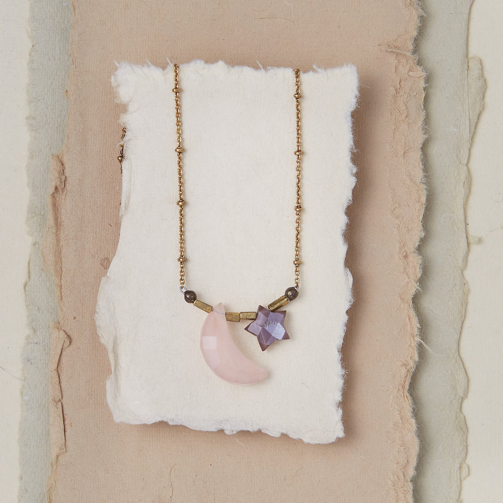 Gemstone Moon & Star Necklace - Rose Quartz Charm + Pendant Necklaces Bella Vita Jewelry Gold Plated  