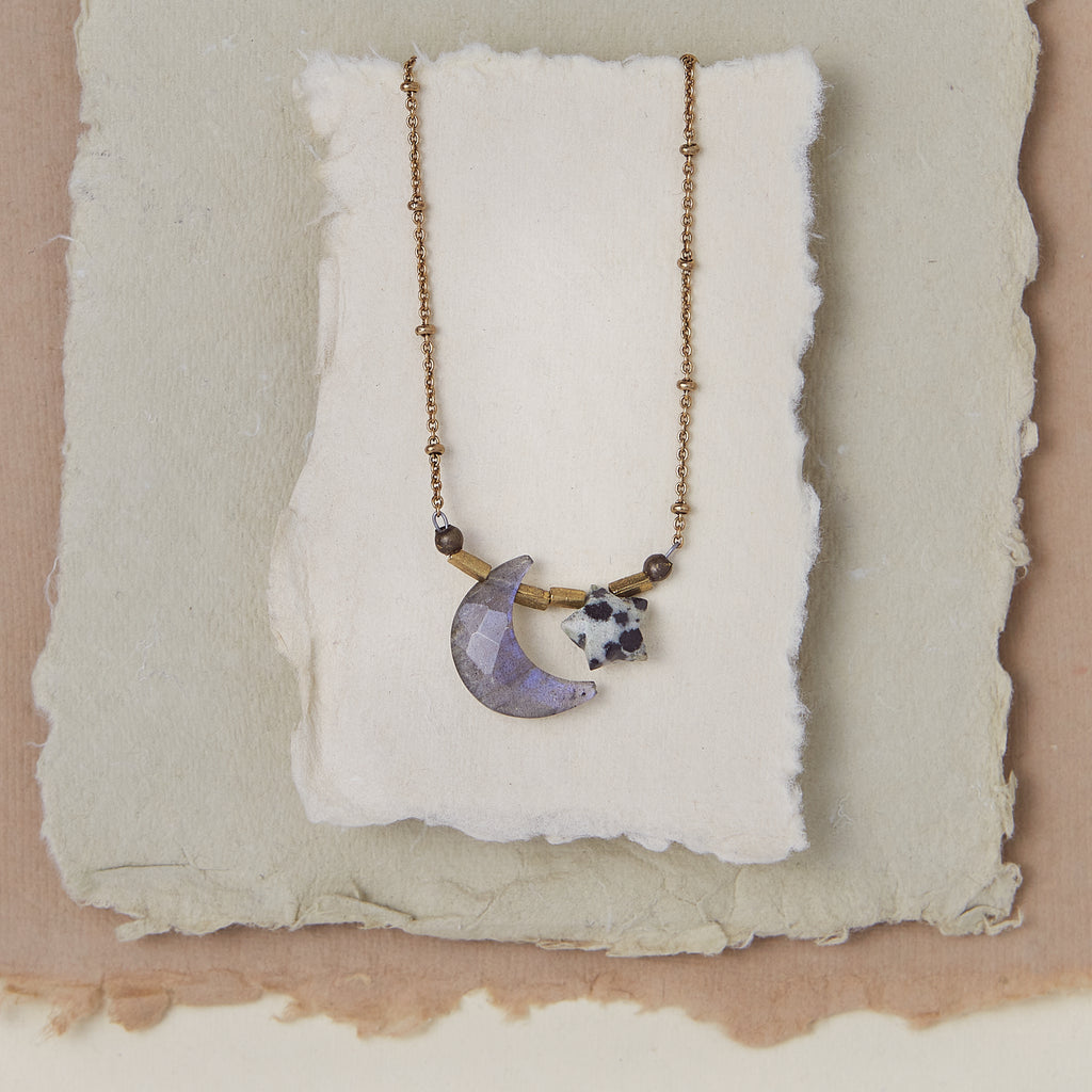 Gemstone Moon & Star Necklace - Labradorite Charm + Pendant Necklaces Bella Vita Jewelry Gold Plated  