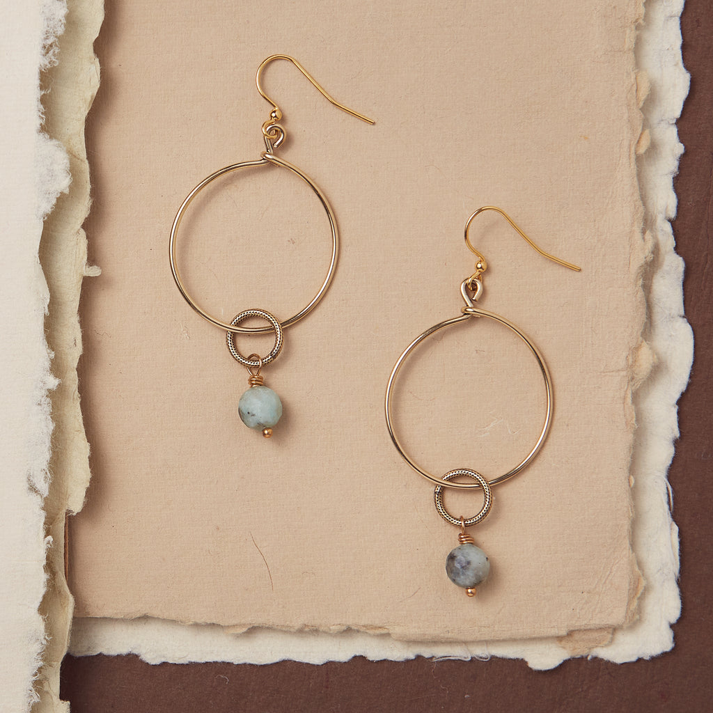 Pluto Small Hoop with Gemstone Hoop Earrings Bella Vita Jewelry Kiwi Jasper Gold Plated  