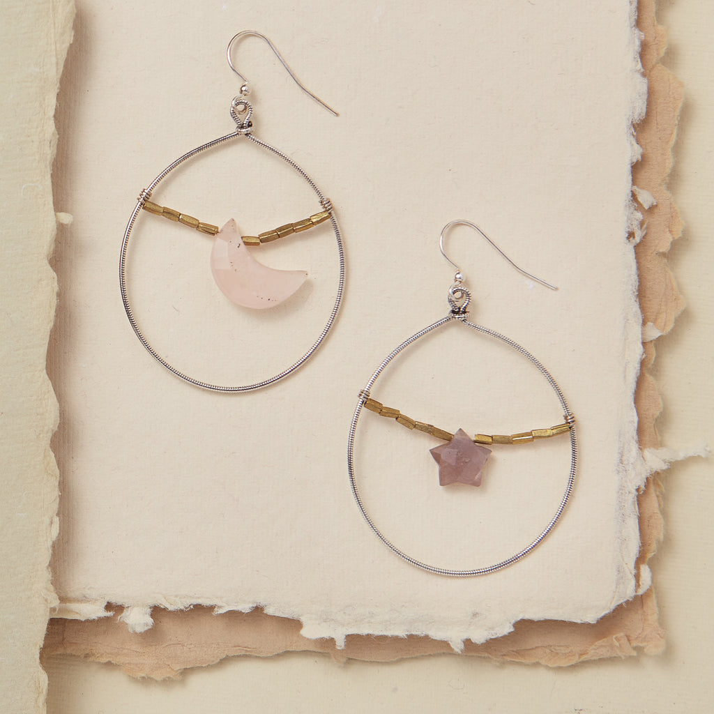 Gemstone Moon & Star Earrings - Rose Quartz Dangle Earrings Bella Vita Jewelry Silver Plated  