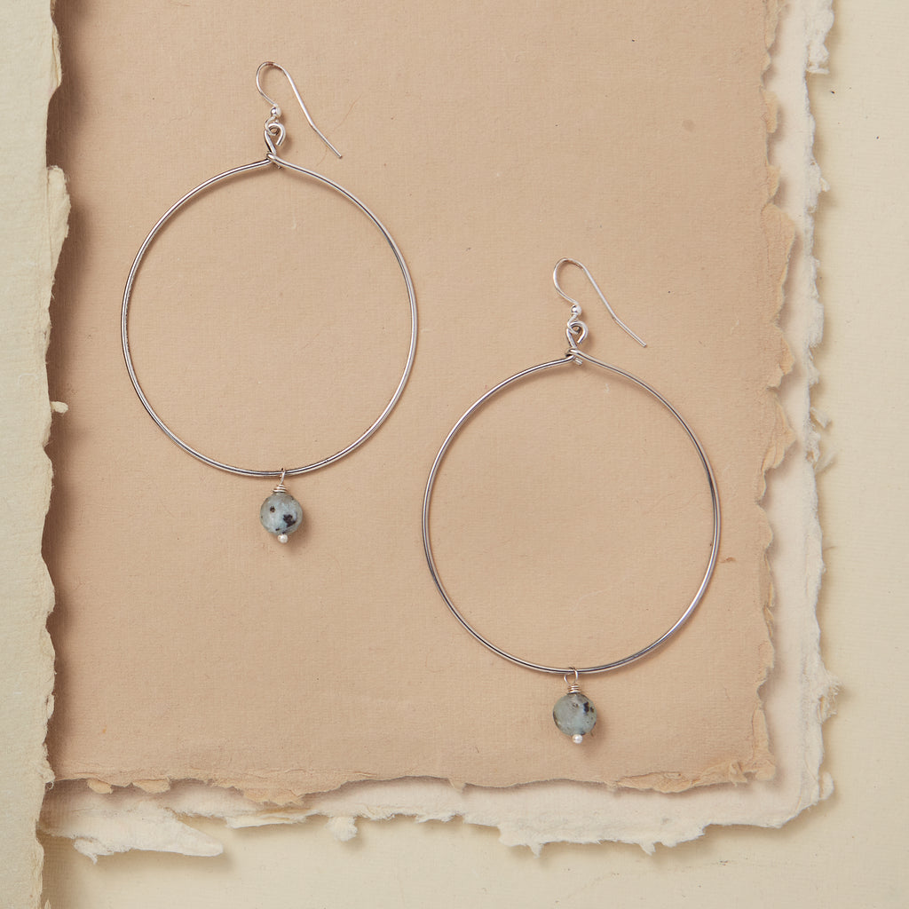 Jupiter Large Hoop with Gemstone Hoop Earrings Bella Vita Jewelry Kiwi Jasper Silver Plated  