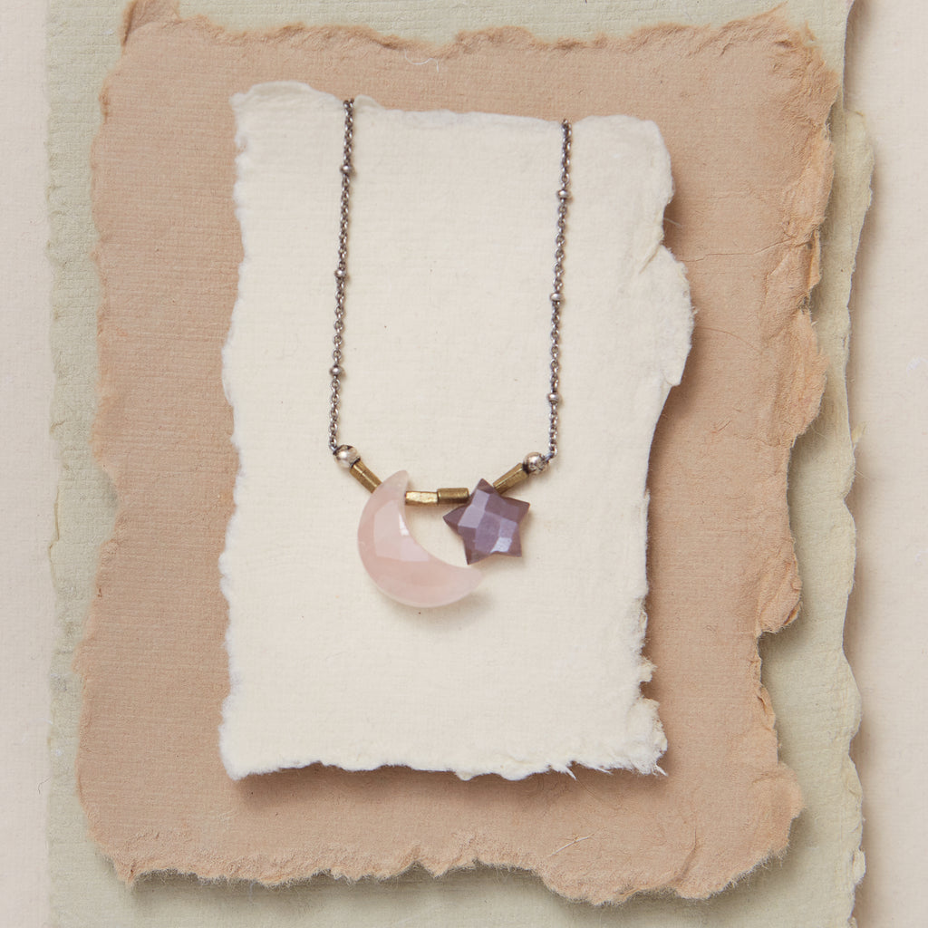 Gemstone Moon & Star Necklace - Rose Quartz Charm + Pendant Necklaces Bella Vita Jewelry Silver Plated  
