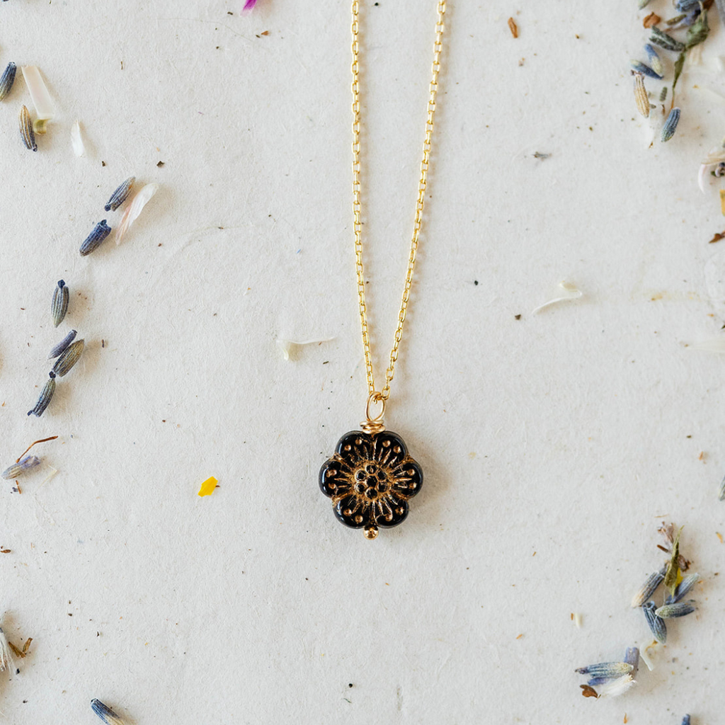 Flower Power Large Chain Necklace Charm + Pendant Necklaces Bella Vita Jewelry Gold Plated Black 