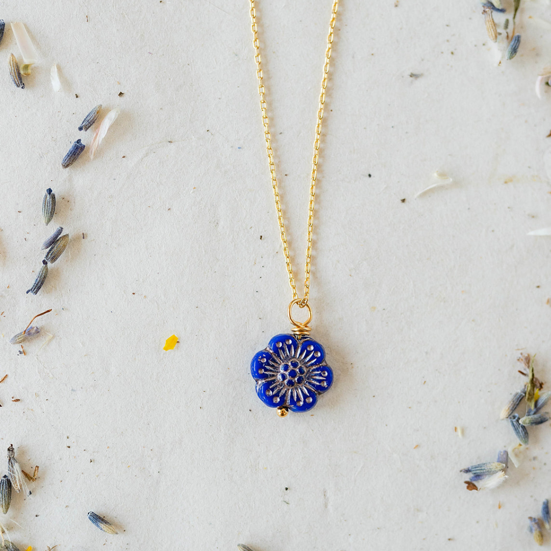 Flower Power Large Chain Necklace Charm + Pendant Necklaces Bella Vita Jewelry Gold Plated Blue 