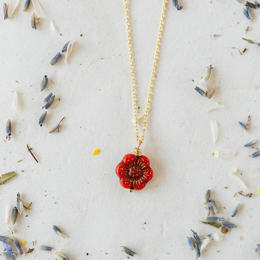 Flower Power Chain Necklace Charm + Pendant Necklaces Bella Vita Jewelry Gold Plated Burnt Orange 