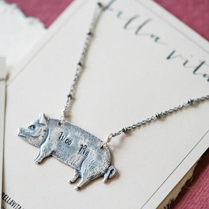 Hand Stamped Woo Pig Necklace Charm + Pendant Necklaces Bella Vita Jewelry Silver Plated Pig/Silver Plated CHain  