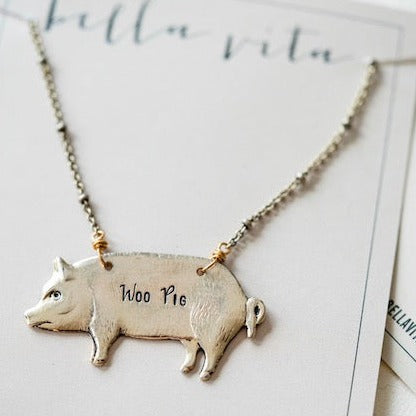 Hand Stamped Woo Pig Necklace Charm + Pendant Necklaces Bella Vita Jewelry Gold Plated Pig/Antique Gold Plated Chain  