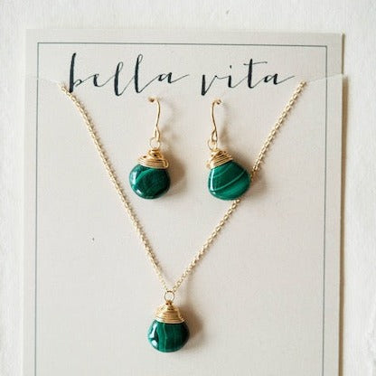Natural Stone Jewelry Gift Sets Charm + Pendant Necklaces Bella Vita Jewelry Malachite Sterling Silver 
