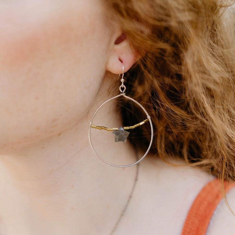 Gemstone Moon & Star Earrings - Rose Quartz Dangle Earrings Bella Vita Jewelry   