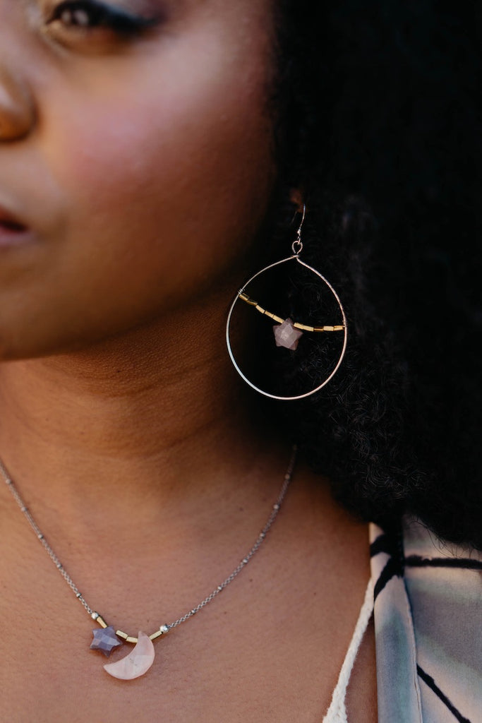 Gemstone Moon & Star Necklace - Rose Quartz Charm + Pendant Necklaces Bella Vita Jewelry   