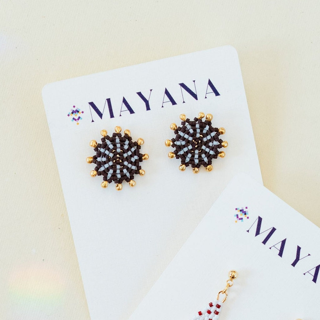 Beaded Statement Earrings Earrings Mayana #7 Circular Stud - Brown  