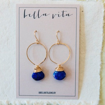 Gemstone "Megan" Hoops Hoop Earrings Bella Vita Jewelry 14K Gold FIll Lapis 