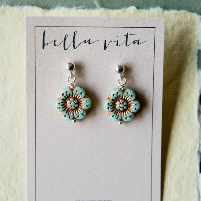 Flower Power Post Earring Stud + Post Earrings Bella Vita Jewelry Gold Plated Turquoise 