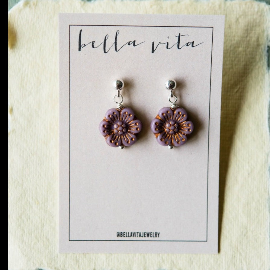 Flower Power Post Earring Stud + Post Earrings Bella Vita Jewelry Gold Plated Purple 