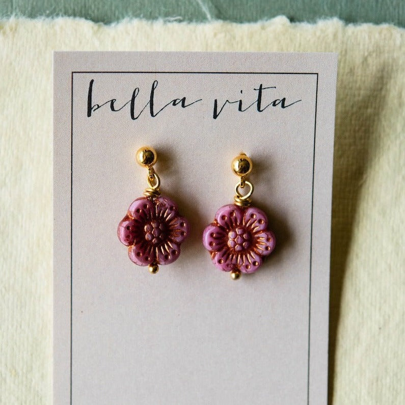 Flower Power Post Earring Stud + Post Earrings Bella Vita Jewelry Gold Plated Pink 