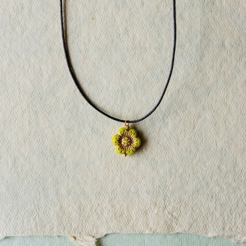 Flower Power Cord Necklace Charm + Pendant Necklaces Bella Vita Jewelry Gold Plated Lime 