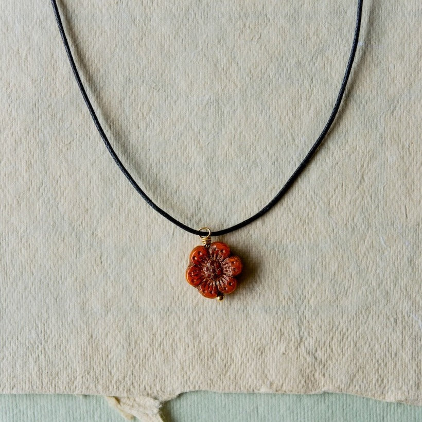 Flower Power Cord Necklace Charm + Pendant Necklaces Bella Vita Jewelry Gold Plated Burnt Orange 