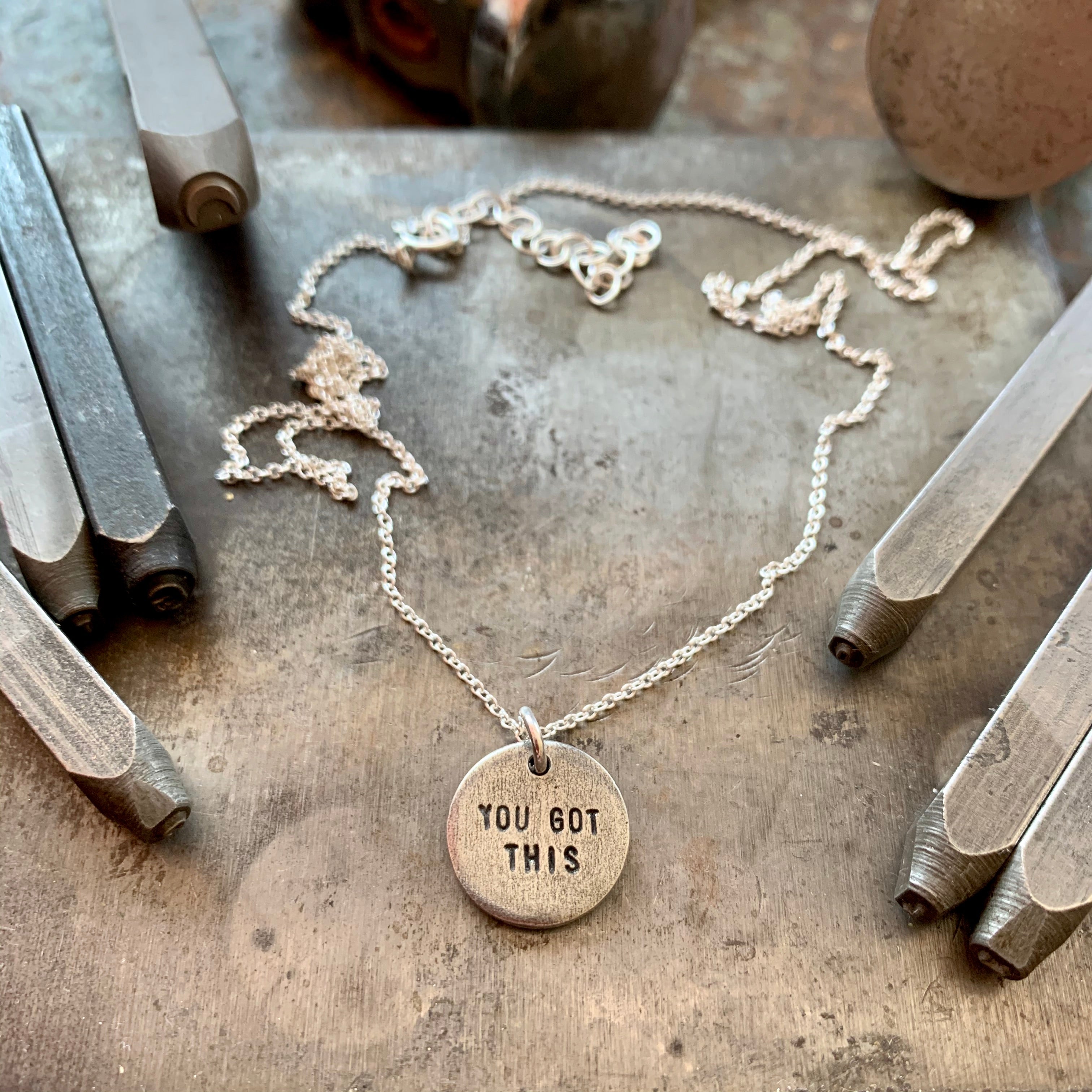 Hand Stamped Silver Charm Necklace Charm + Pendant Necklaces Bella Vita Jewelry   