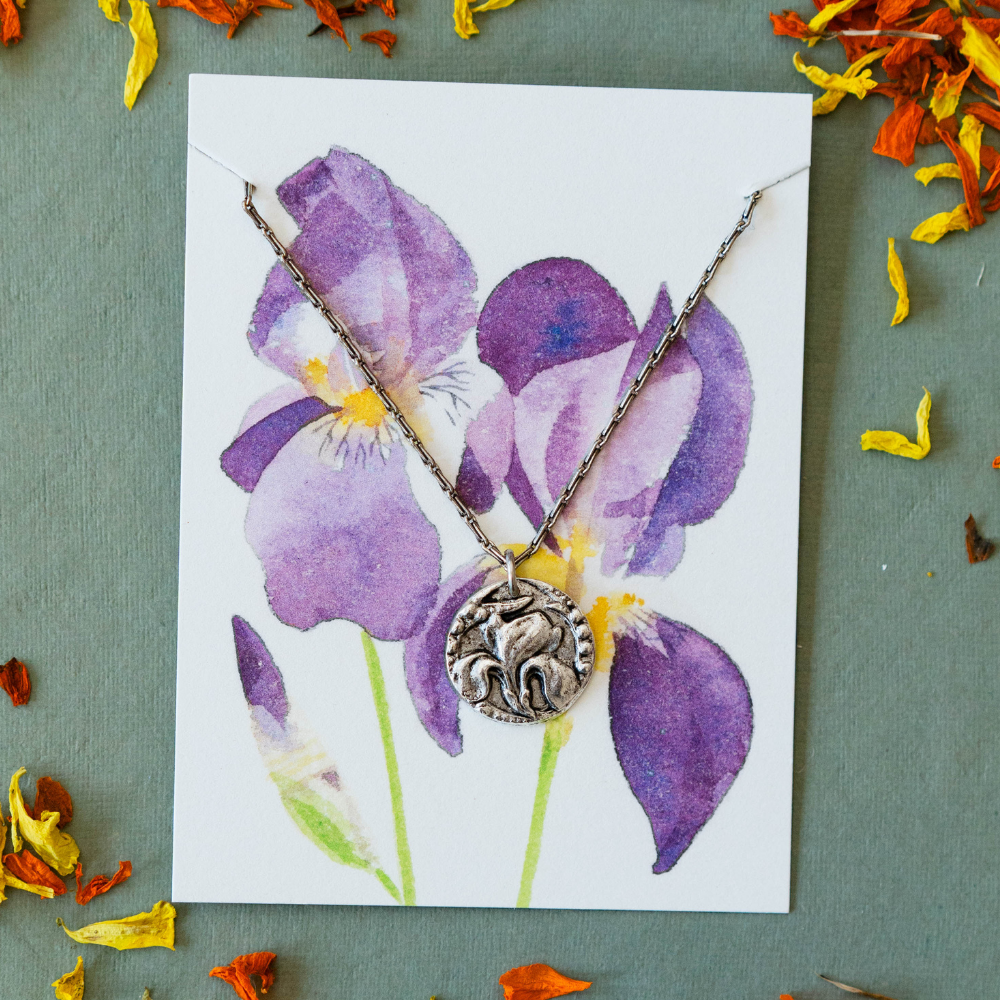 In the Garden - Iris Necklace Charm + Pendant Necklaces Bella Vita Jewelry Pewter Pendant/Silver Plated Chain  