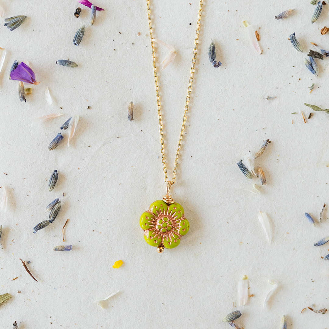 Flower Power Chain Necklace Charm + Pendant Necklaces Bella Vita Jewelry Gold Plated Lime 