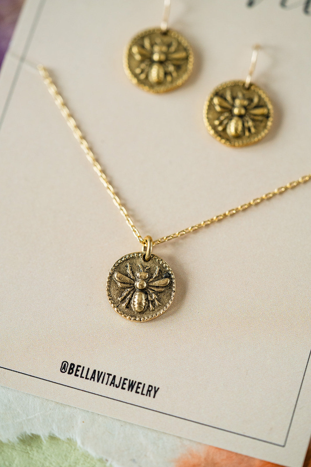 Bitty Buttons Necklace & Earring Gift Sets Charm + Pendant Necklaces Bella Vita Jewelry Gold Plated Set Bee 