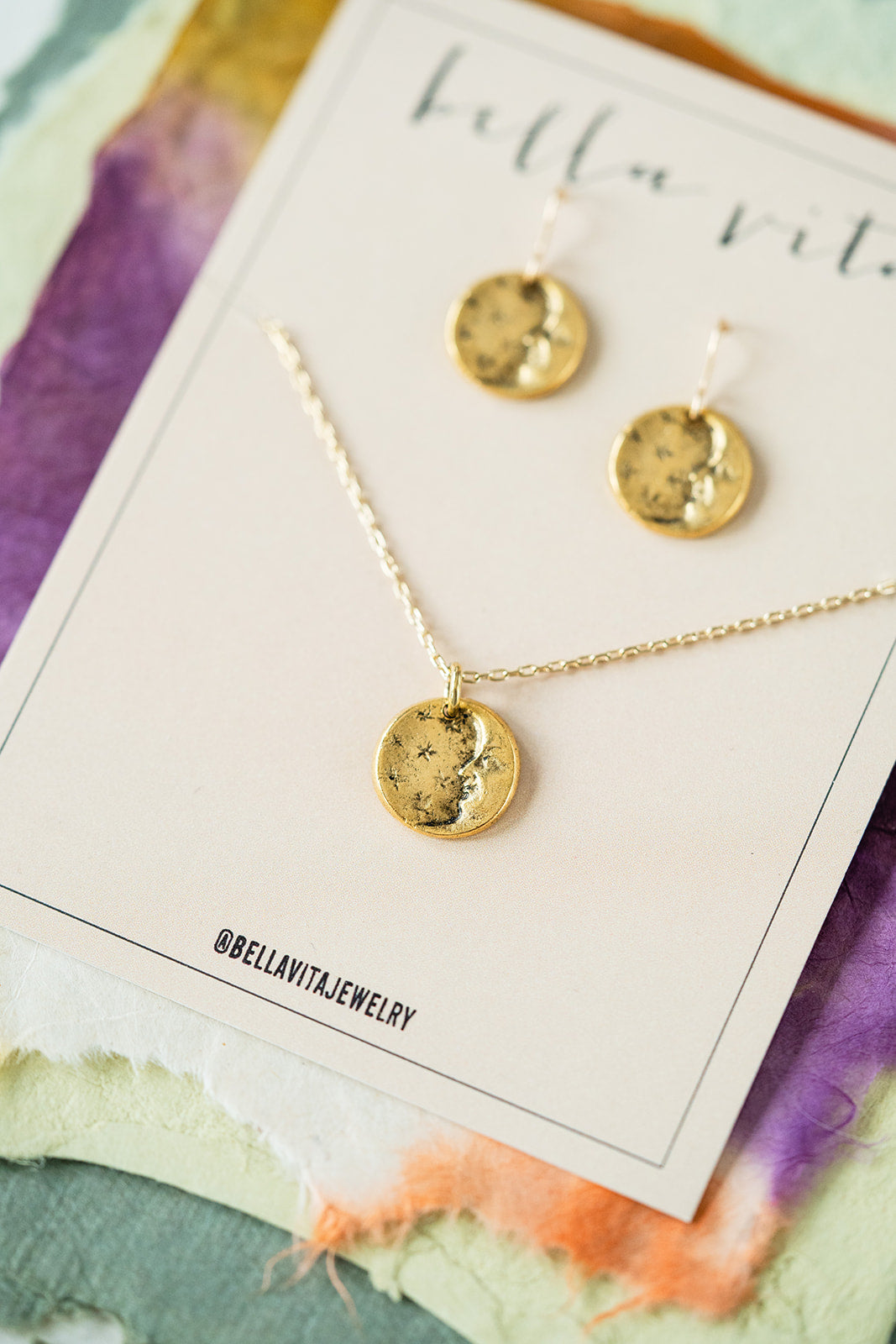 Bitty Buttons Necklace & Earring Gift Sets Charm + Pendant Necklaces Bella Vita Jewelry Gold Plated Set Moon and Stars 