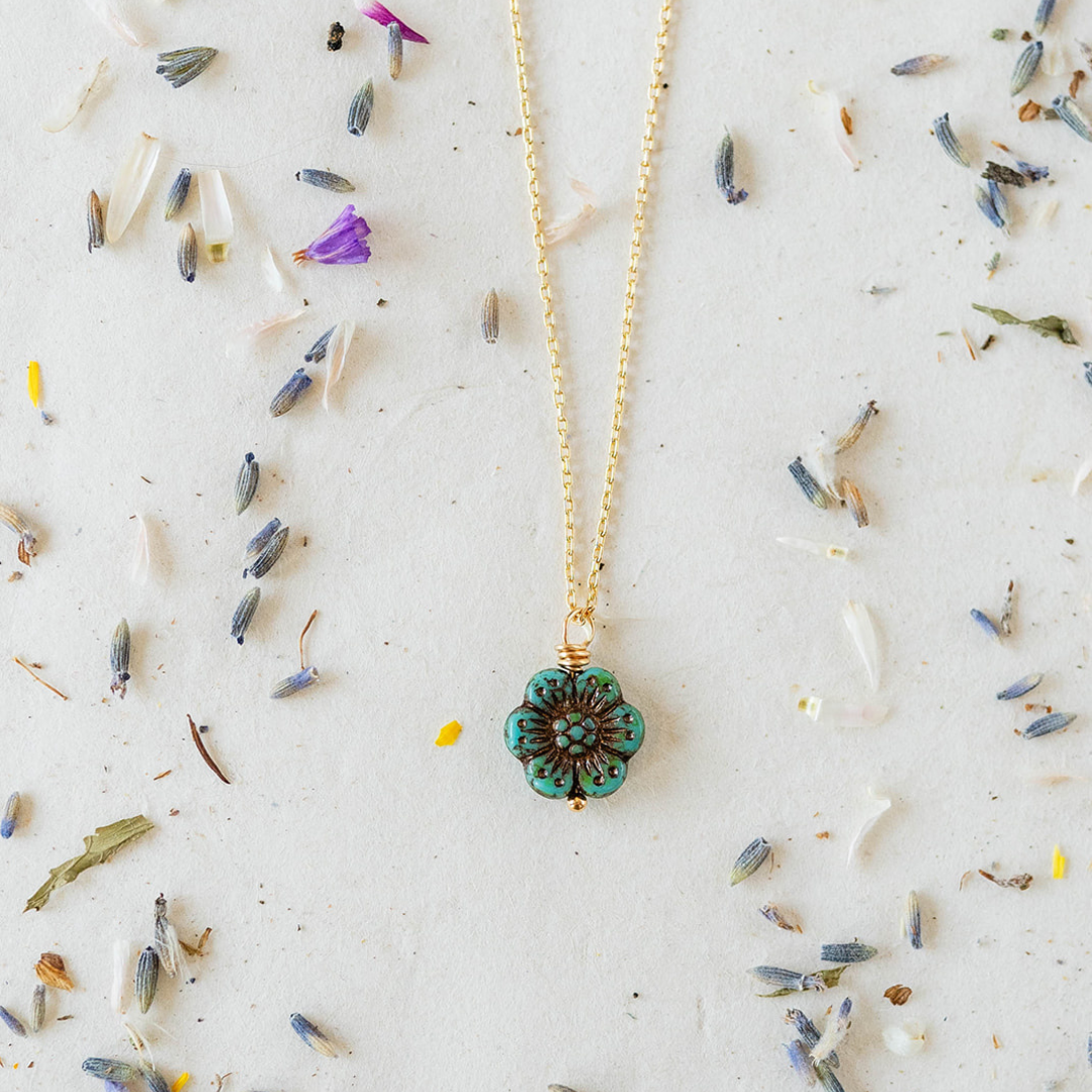 Flower Power Chain Necklace Charm + Pendant Necklaces Bella Vita Jewelry Gold Plated Turquoise 