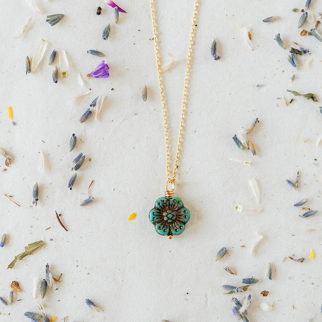 Flower Power Large Chain Necklace Charm + Pendant Necklaces Bella Vita Jewelry Gold Plated Turquoise 