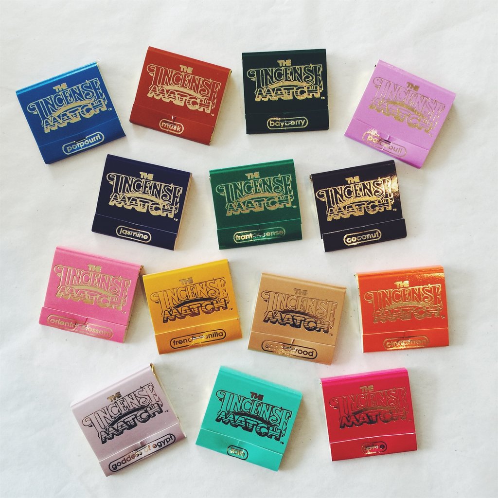 Complete collection of The Incense Match portable air fresheners in all available scents including patchouli, bayberry, sandalwood, vanilla, coconut and floral varieties.