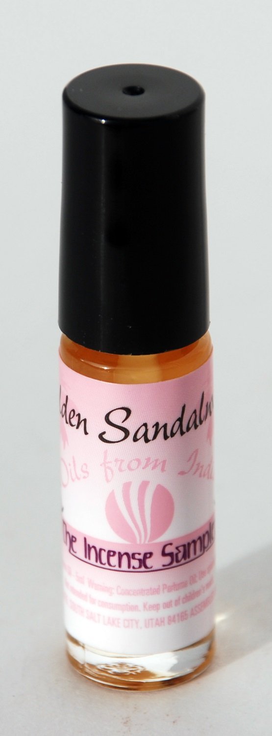 Golden Sandalwood natural perfume oil from The Incense Sampler in roll-on glass vial, featuring concentrated Indian fragrance without alcohol.
